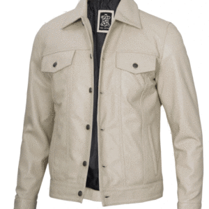 Mens Beige Leather Trucker Jacket, a versatile addition to any wardrobe. Made from premium-quality leather