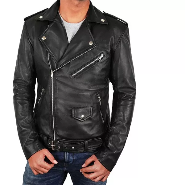 Edgy black leather jacket for bikers, offering comfort and a bold asymmetrical cut.