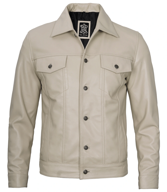 Mens Beige Leather Trucker Jacket, a versatile addition to any wardrobe. Made from premium-quality leather