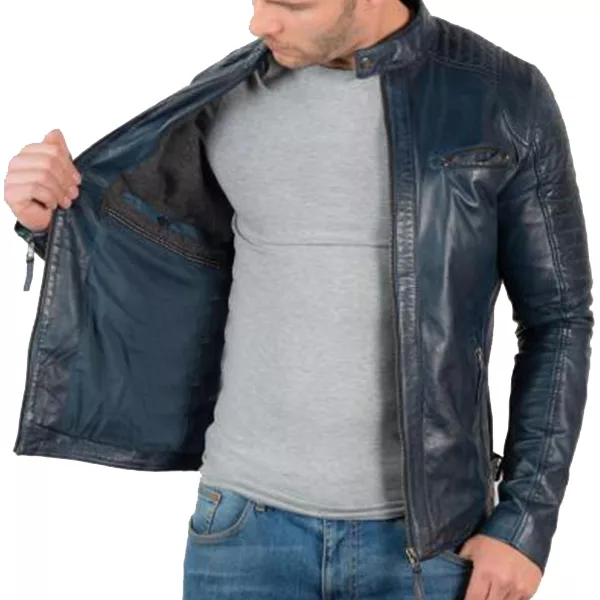 Vintage Cafe Racer distressed motorcycle leather jacket with a rugged design, front zipper closure, and stylish pleats on shoulders.