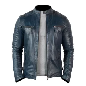 Vintage Cafe Racer distressed motorcycle leather jacket with a rugged design, front zipper closure, and stylish pleats on shoulders.