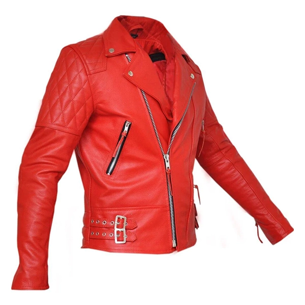 Front view of the women’s Brando red biker jacket with asymmetric zip