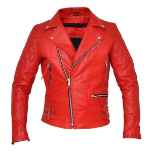 Women’s Brando red biker jacket displayed on a mannequin