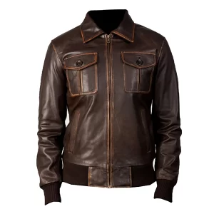 Front view of the women’s vintage brown bomber jacket with ribbed cuffs