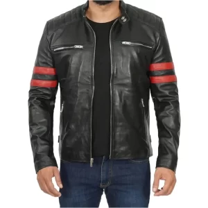 Men’s red stripe cafe racer leather jacket with sleek and sporty design