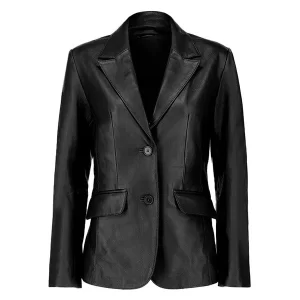 Front view of a black women leather blazer with button details