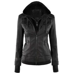 Women's Betty black bomber jacket with removable hoodie displayed on a mannequin