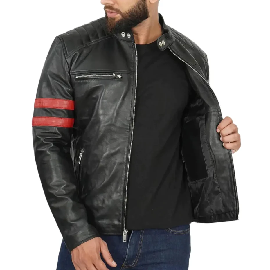 Classic cafe racer leather jacket for men featuring bold red stripe detailing