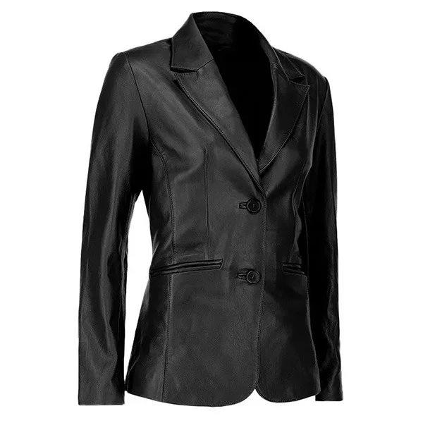 Stylish black leather blazer for women paired with casual wear