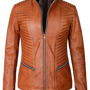 Women’s casual brown leather biker jacket displayed on a mannequin